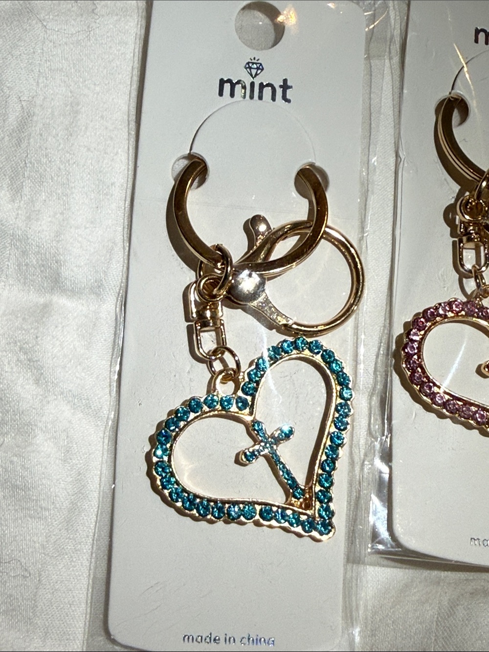 Mint Gold Heart Keychain with Teal Blue Rhinestones